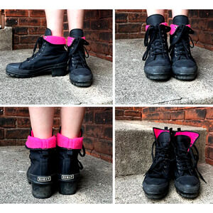 vtg 90's KIKIT Black Combat Boots 10 Hot pink roll down Chunky platform Gothic